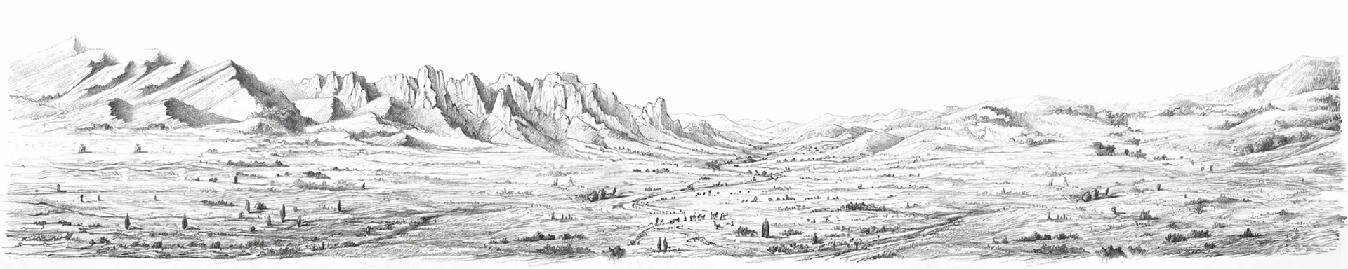 Hand-drawn panorama of a mountain range and valley