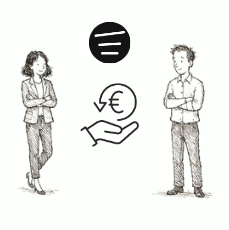 Pictogram of accuracy-based pricing: a hand weighing a euro amount between two people